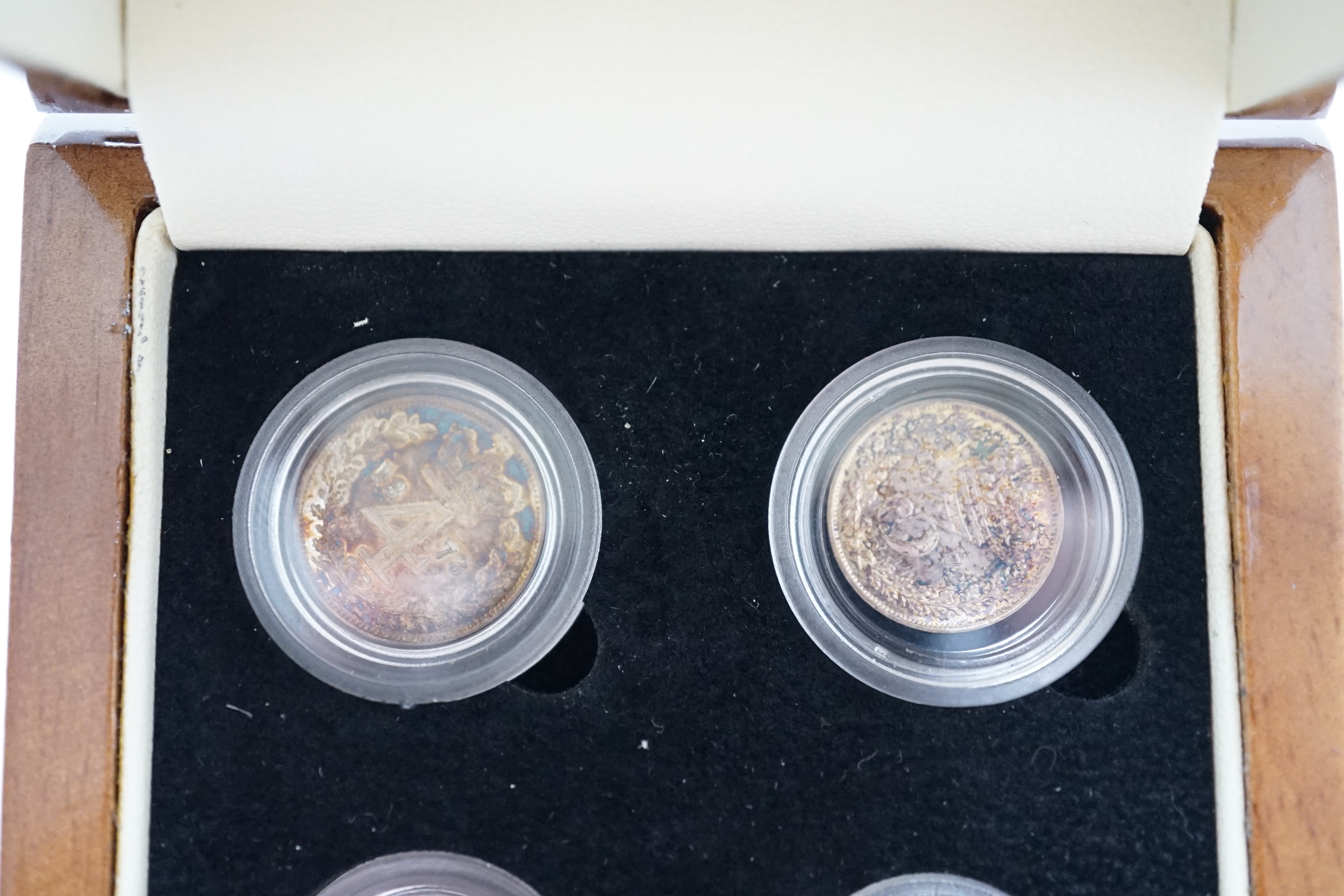 British silver coins, Victoria Young portrait four coin set of Maundy coins, 1873, toned UNC, London mint office case